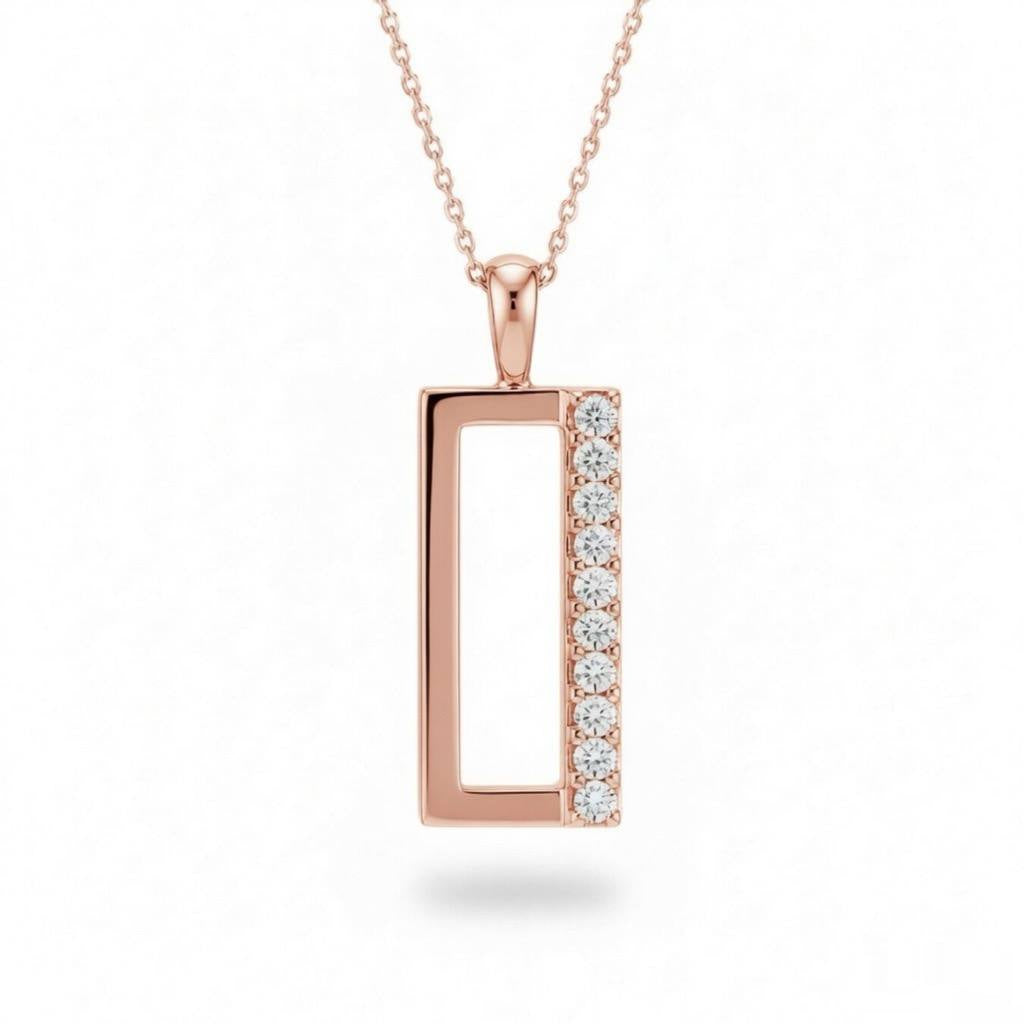 Rose Gold Round Brilliant Novaire Diamond Rectangular Frame Pendant Necklace With Side Prong Setting