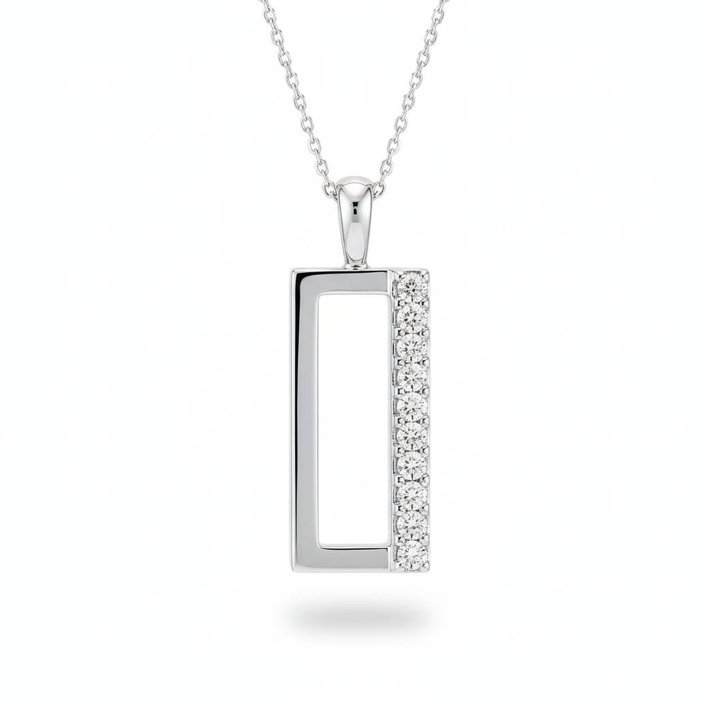 Silver Round Brilliant Novaire Diamond Rectangular Frame Pendant Necklace With Side Prong Setting