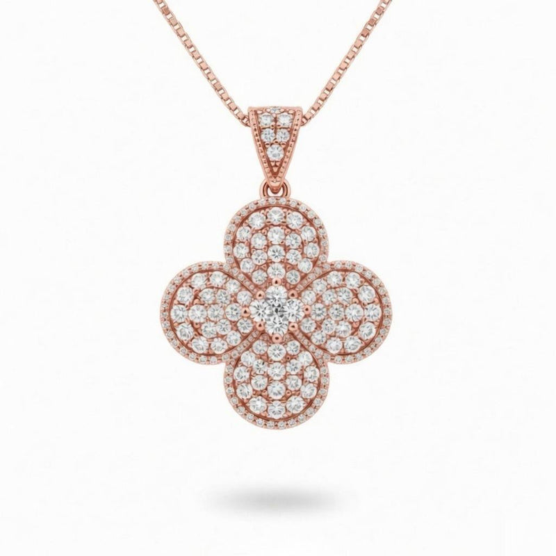 Rose Gold Round Brilliant Aurelia Diamond Floral Clover Pendant Necklace With Pavé Setting