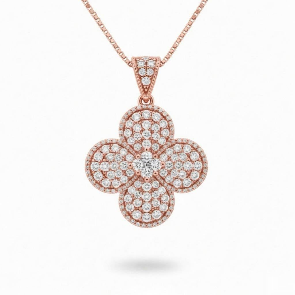 Rose Gold Round Brilliant Aurelia Diamond Floral Clover Pendant Necklace With Pavé Setting
