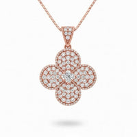 Rose Gold Round Brilliant Aurelia Diamond Floral Clover Pendant Necklace With Pavé Setting