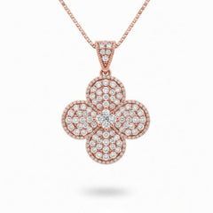 Rose Gold Round Brilliant Aurelia Diamond Floral Clover Pendant Necklace With Pavé Setting