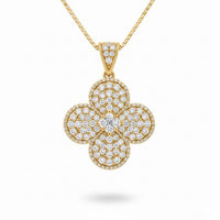 Yellow Gold Round Brilliant Aurelia Diamond Floral Clover Pendant Necklace With Pavé Setting