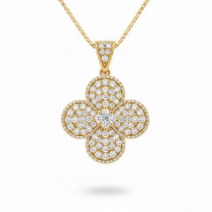 Yellow Gold Round Brilliant Aurelia Diamond Floral Clover Pendant Necklace With Pavé Setting