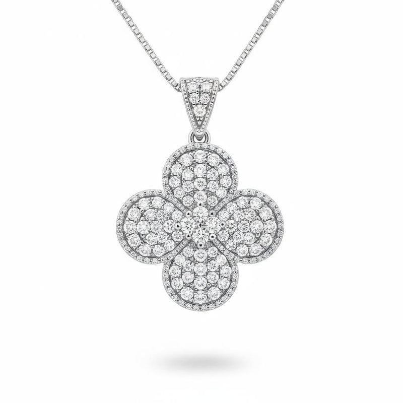 Silver Round Brilliant Aurelia Diamond Floral Clover Pendant Necklace With Pavé Setting