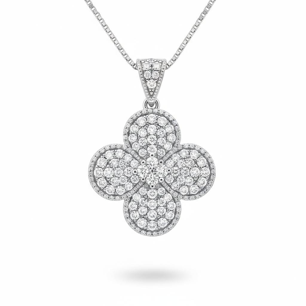 Silver Round Brilliant Aurelia Diamond Floral Clover Pendant Necklace With Pavé Setting