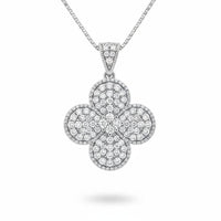 Silver Round Brilliant Aurelia Diamond Floral Clover Pendant Necklace With Pavé Setting