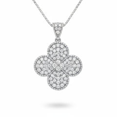 Silver Round Brilliant Aurelia Diamond Floral Clover Pendant Necklace With Pavé Setting