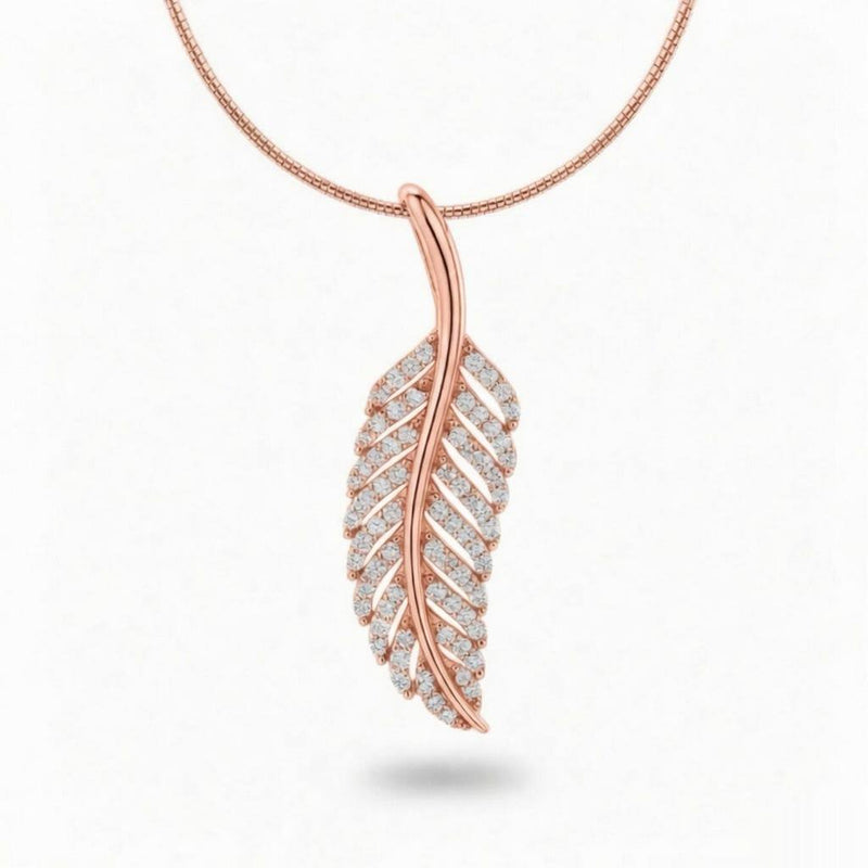 Rose Gold Round Brilliant Elara Diamond Feather Pendant Necklace With Pavé Setting