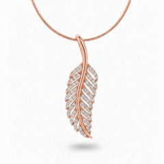 Rose Gold Round Brilliant Elara Diamond Feather Pendant Necklace With Pavé Setting