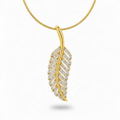 Yellow Gold Round Brilliant Elara Diamond Feather Pendant Necklace With Pavé Setting