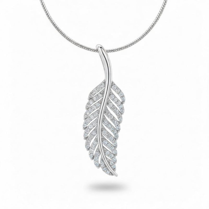 White Gold Round Brilliant Elara Diamond Feather Pendant Necklace With Pavé Setting