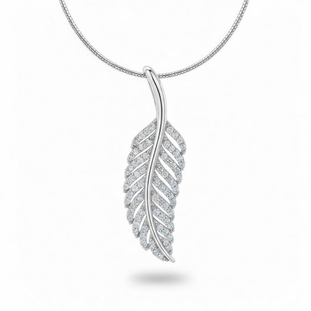 White Gold Round Brilliant Elara Diamond Feather Pendant Necklace With Pavé Setting