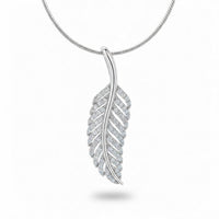 Silver Round Brilliant Elara Diamond Feather Pendant Necklace With Pavé Setting