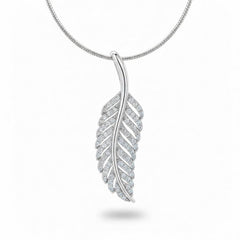 Silver Round Brilliant Elara Diamond Feather Pendant Necklace With Pavé Setting