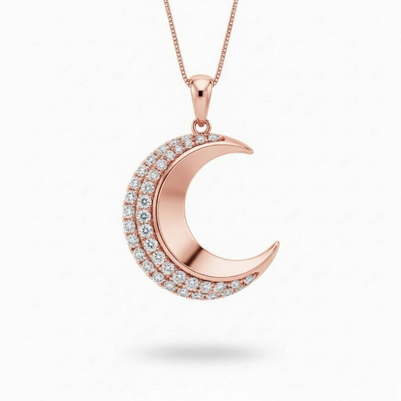 Rose Gold Round Brilliant Selene Diamond Crescent Moon Pendant Necklace With Pavé Setting