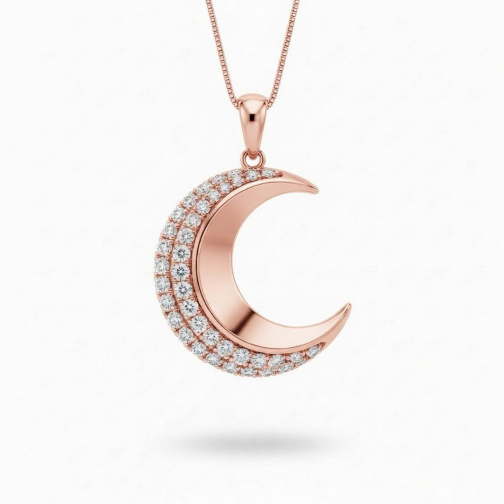 Rose Gold Round Brilliant Selene Diamond Crescent Moon Pendant Necklace With Pavé Setting