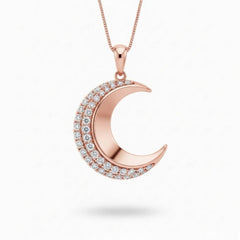 Rose Gold Round Brilliant Selene Diamond Crescent Moon Pendant Necklace With Pavé Setting
