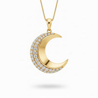 Yellow Gold Round Brilliant Selene Diamond Crescent Moon Pendant Necklace With Pavé Setting