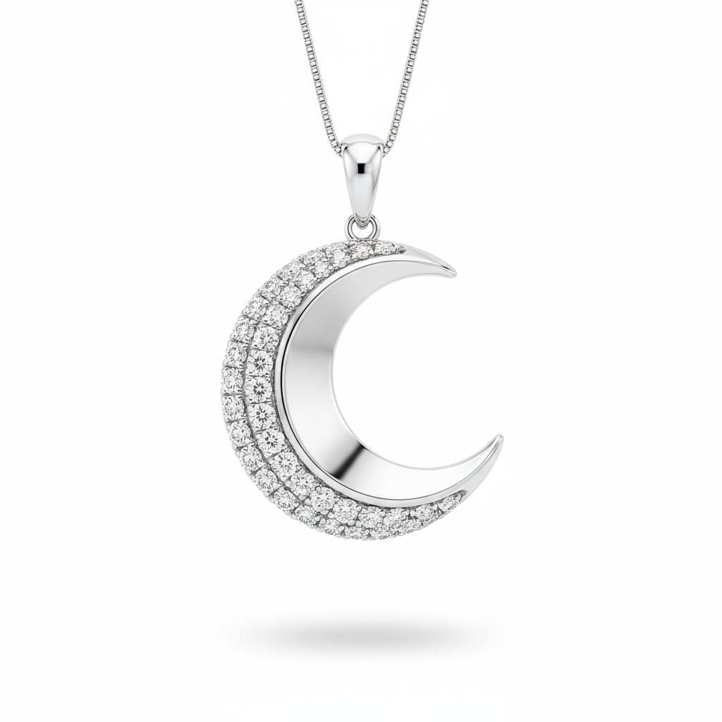 White Gold Round Brilliant Selene Diamond Crescent Moon Pendant Necklace With Pavé Setting