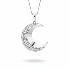 White Gold Round Brilliant Selene Diamond Crescent Moon Pendant Necklace With Pavé Setting