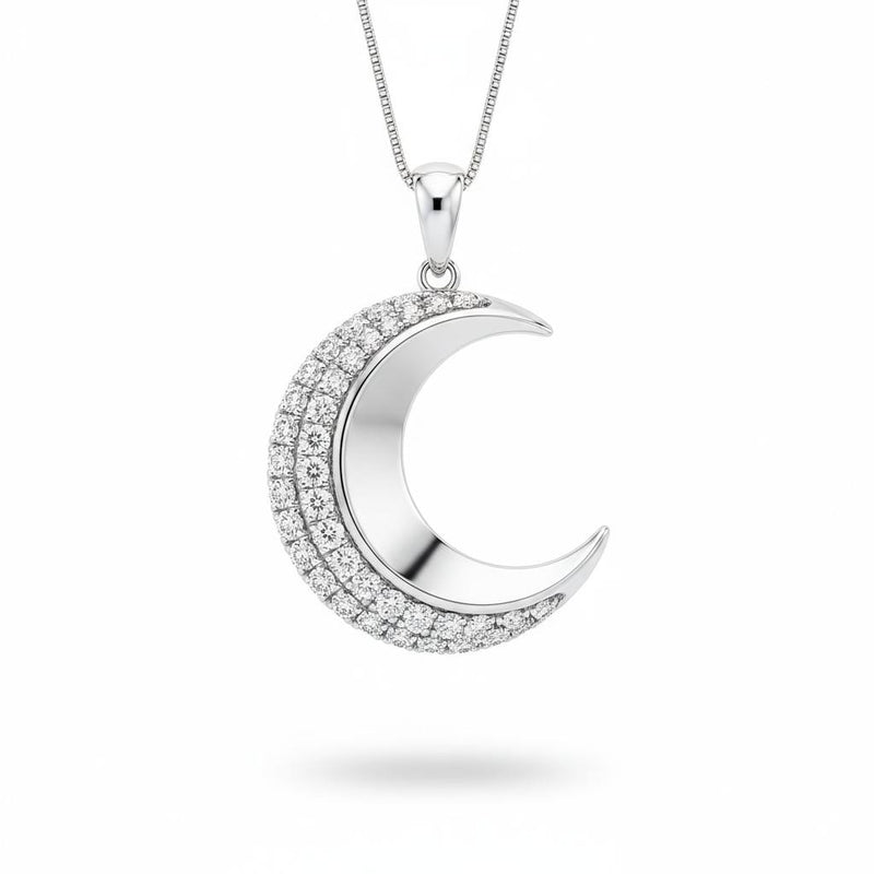 Silver Round Brilliant Selene Diamond Crescent Moon Pendant Necklace With Pavé Setting