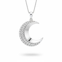 Silver Round Brilliant Selene Diamond Crescent Moon Pendant Necklace With Pavé Setting