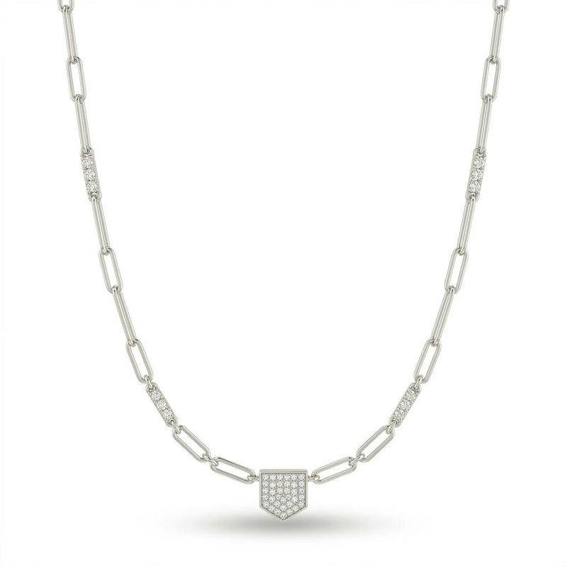 White Gold Round Brilliant Valor Diamond Paperclip Chain Necklace With Pavé Shield Pendant