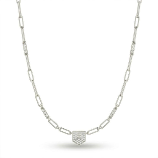 White Gold Round Brilliant Valor Diamond Paperclip Chain Necklace With Pavé Shield Pendant