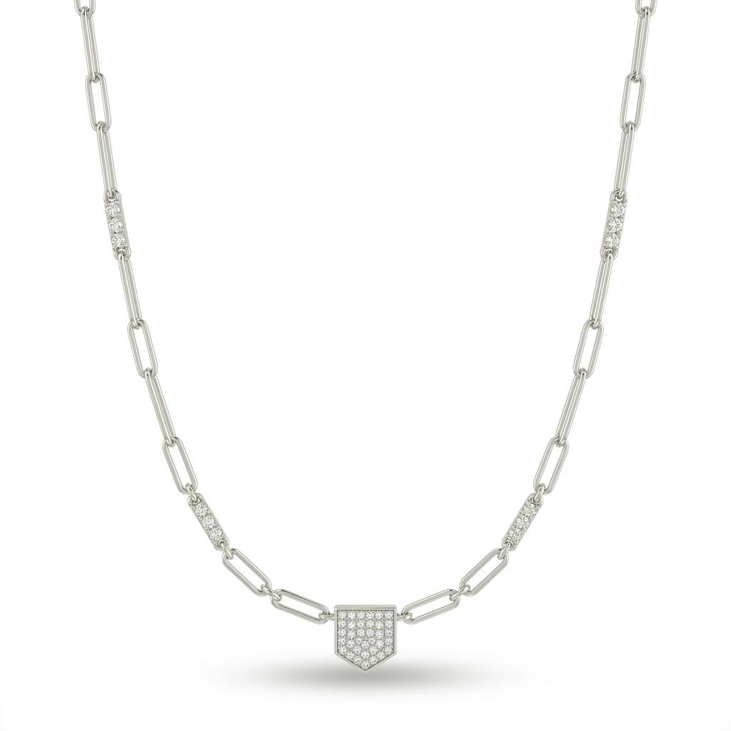 Silver Round Brilliant Valor Diamond Paperclip Chain Necklace With Pavé Shield Pendant
