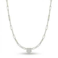 Silver Round Brilliant Valor Diamond Paperclip Chain Necklace With Pavé Shield Pendant