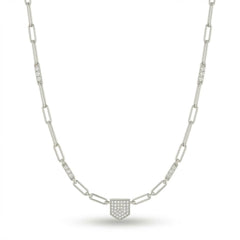 Silver Round Brilliant Valor Diamond Paperclip Chain Necklace With Pavé Shield Pendant