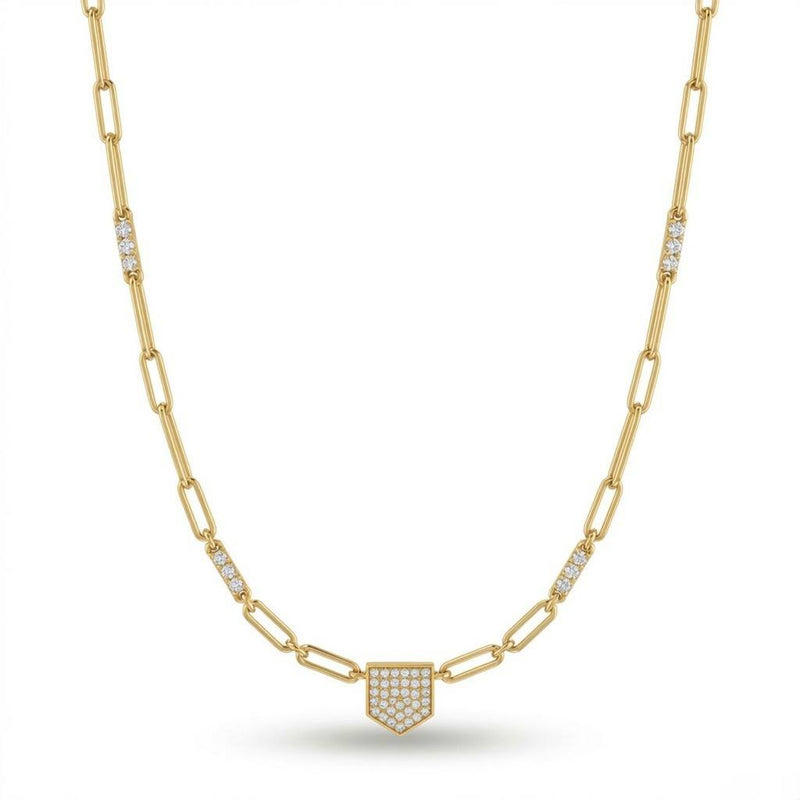 Yellow Gold Round Brilliant Valor Diamond Paperclip Chain Necklace With Pavé Shield Pendant