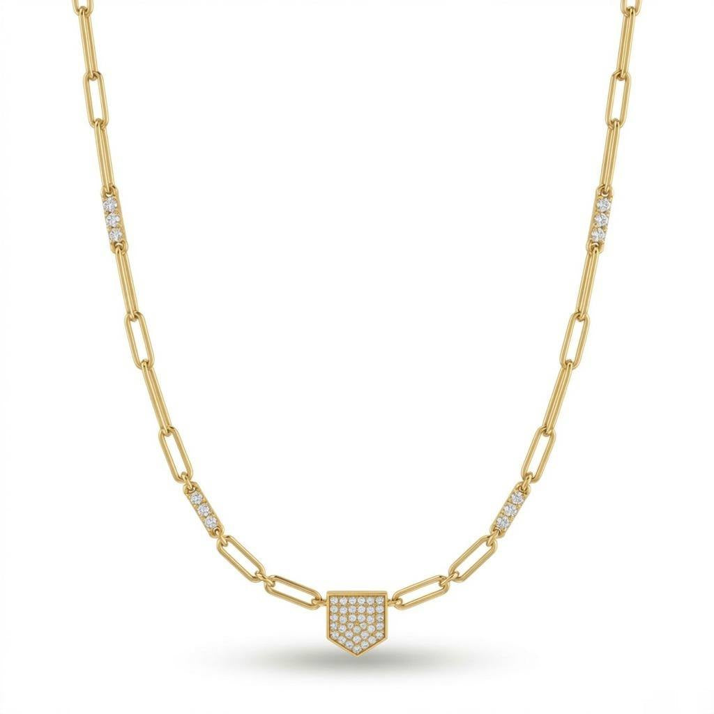 Yellow Gold Round Brilliant Valor Diamond Paperclip Chain Necklace With Pavé Shield Pendant