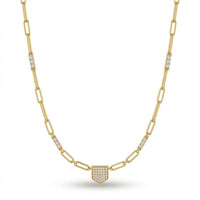 Yellow Gold Round Brilliant Valor Diamond Paperclip Chain Necklace With Pavé Shield Pendant