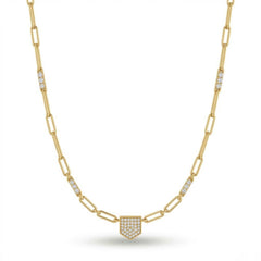 Yellow Gold Round Brilliant Valor Diamond Paperclip Chain Necklace With Pavé Shield Pendant