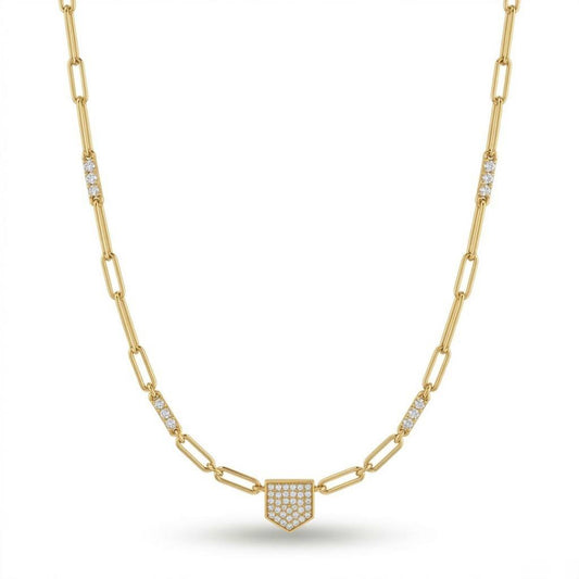 Yellow Gold Round Brilliant Valor Diamond Paperclip Chain Necklace With Pavé Shield Pendant
