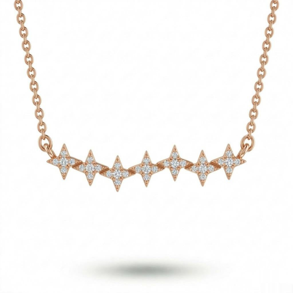 Rose Gold Round Brilliant Astra Diamond Star Motif Bar Necklace With Pavé Setting