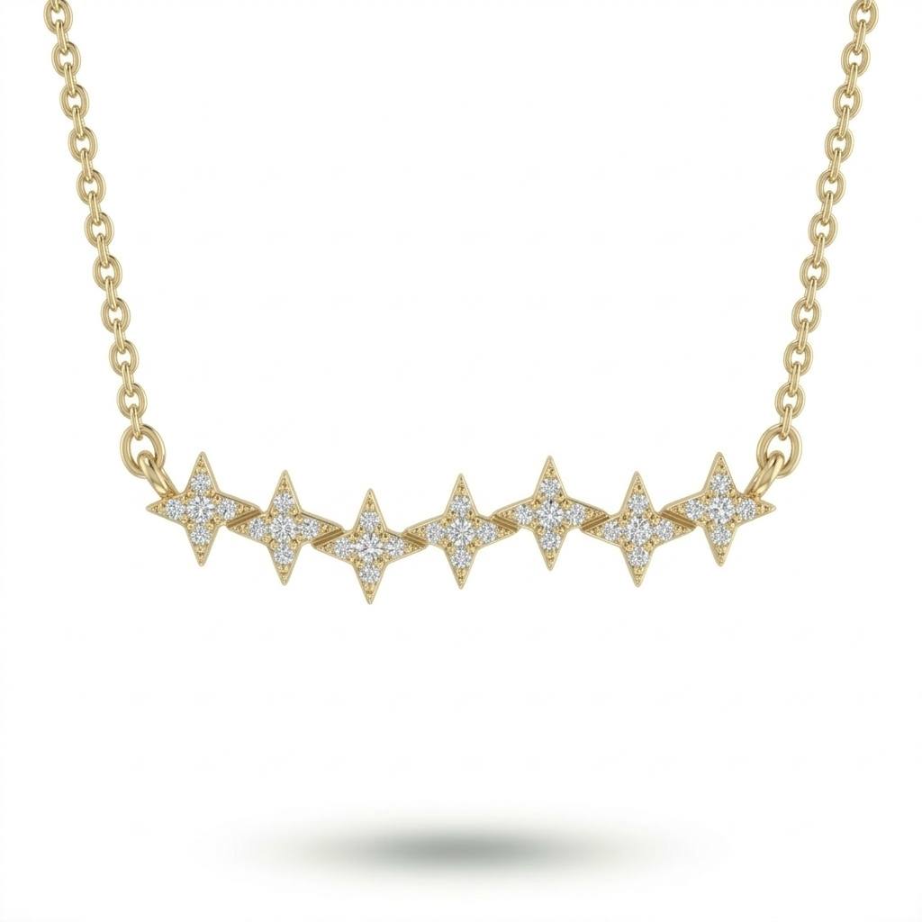 Yellow Gold Round Brilliant Astra Diamond Star Motif Bar Necklace With Pavé Setting