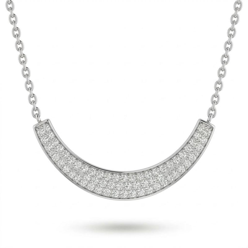 White Gold Round Brilliant Lumora Diamond Curved Bar Necklace With Pavé Setting