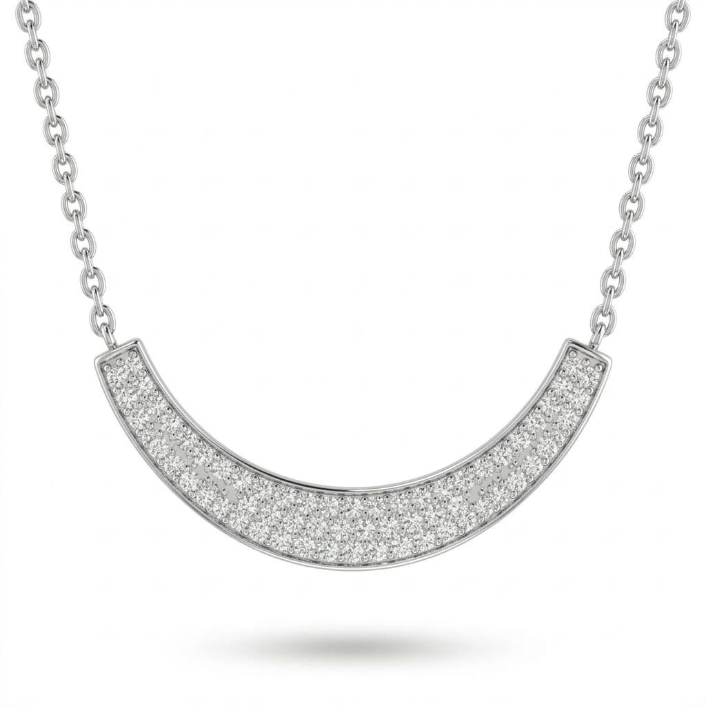 Silver Round Brilliant Lumora Diamond Curved Bar Necklace With Pavé Setting