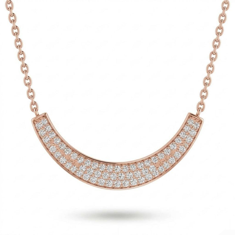 Rose Gold Round Brilliant Lumora Diamond Curved Bar Necklace With Pavé Setting