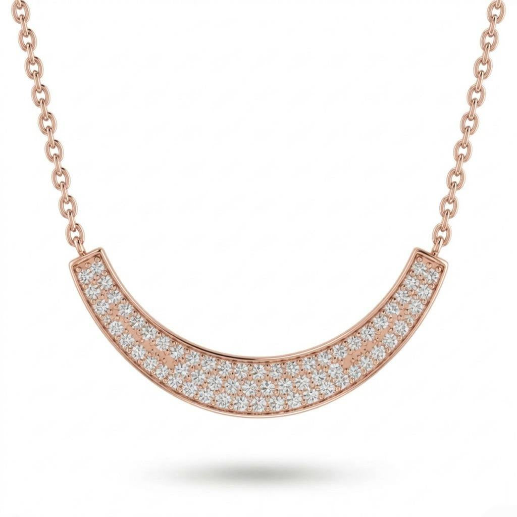 Rose Gold Round Brilliant Lumora Diamond Curved Bar Necklace With Pavé Setting