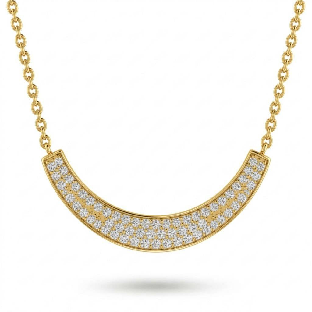 Yellow Gold Round Brilliant Lumora Diamond Curved Bar Necklace With Pavé Setting