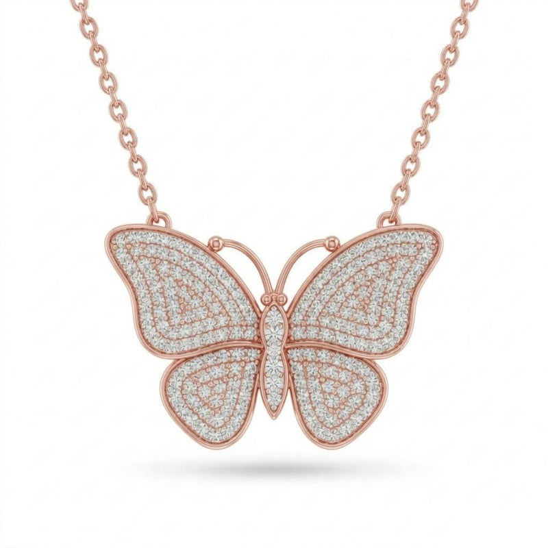 Rose Gold Round Brilliant Virelle Diamond Butterfly Pendant Necklace With Pavé Setting