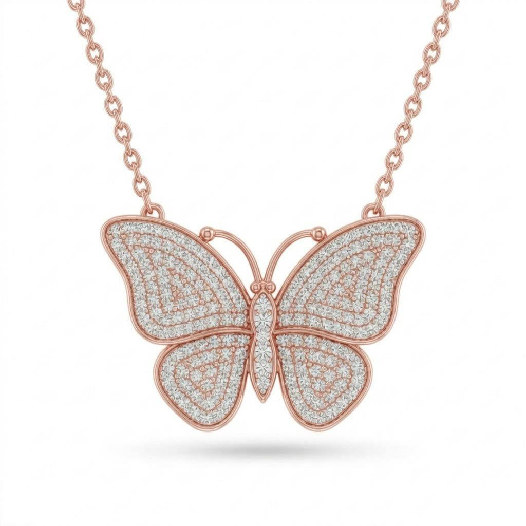 Rose Gold Round Brilliant Virelle Diamond Butterfly Pendant Necklace With Pavé Setting