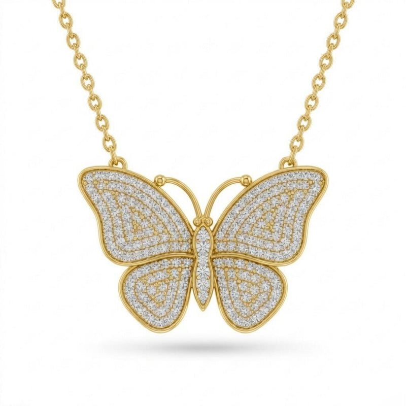 Yellow Gold Round Brilliant Virelle Diamond Butterfly Pendant Necklace With Pavé Setting