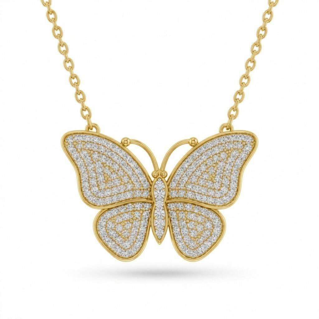 Yellow Gold Round Brilliant Virelle Diamond Butterfly Pendant Necklace With Pavé Setting