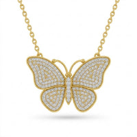 Yellow Gold Round Brilliant Virelle Diamond Butterfly Pendant Necklace With Pavé Setting