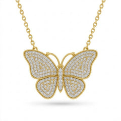 Yellow Gold Round Brilliant Virelle Diamond Butterfly Pendant Necklace With Pavé Setting